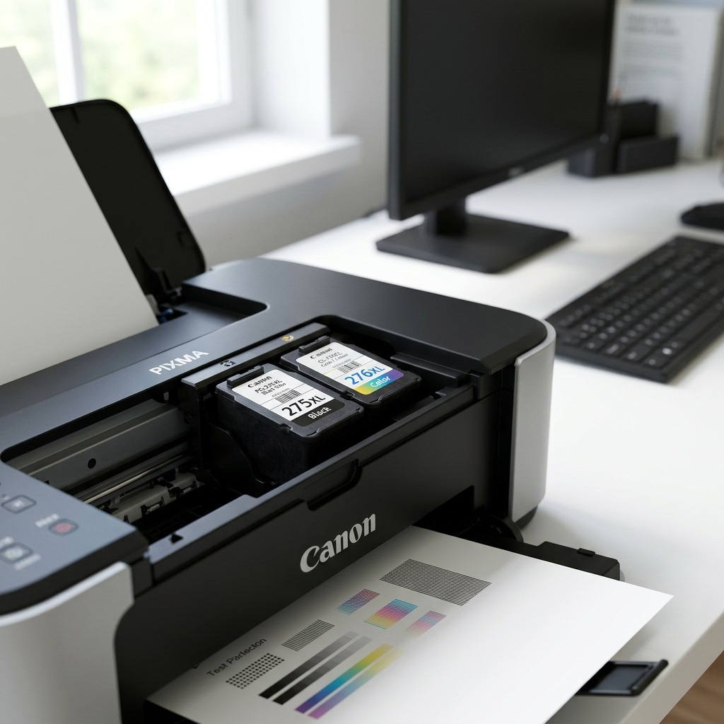 A close-up shot of two Canon PG-275XL and CL-276XL ink cartridges inside a printer's carriage, realistic home office setting.
