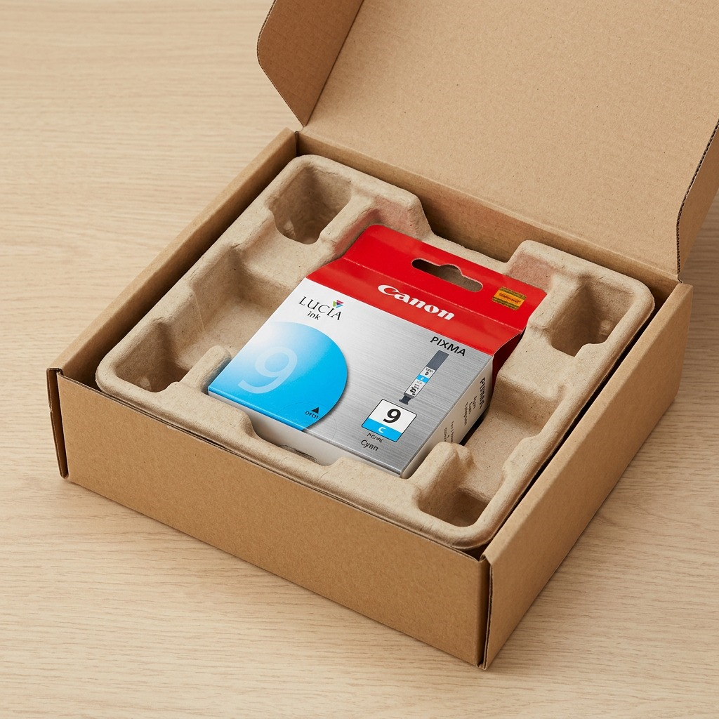 Canon PGI-9 cyan ink box shown with protective foam on a wooden surface for a secure unboxing experience.
