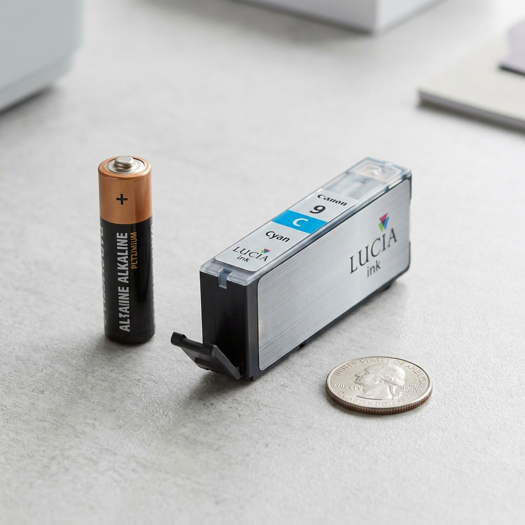 A full shot image (2:3 aspect ratio) comparing the scale of a Canon PGI-9 Cyan ink tank (as referenced in image_0.png) next to a standard AA-size alkaline battery and a US quarter, all set on a minimal, light-grey textured surface. Warm, direction light highlights materials. A simple line drawing of a 6-inch ruler without markings is included. No additional text on image.