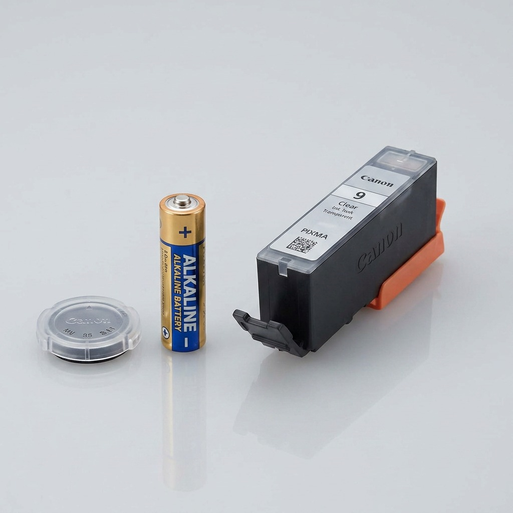 An image showing the Canon PGI-9 Clear Ink Tank sitting next to a standard AA battery.