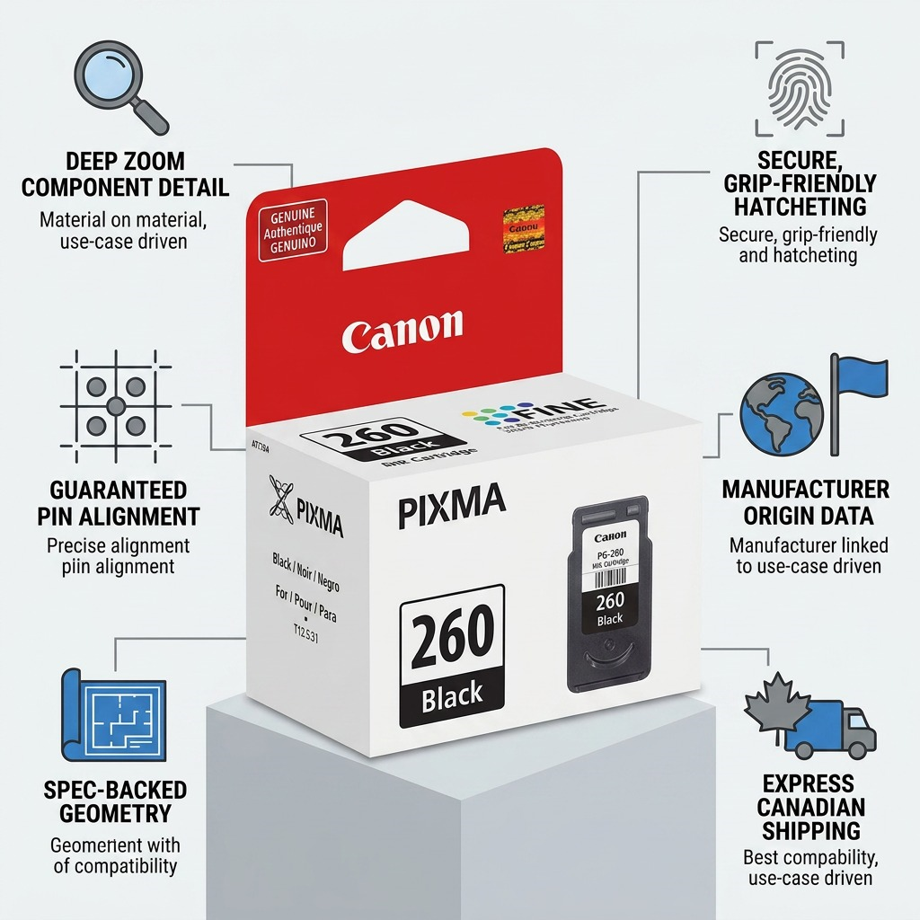 Trust & authority infographic for Canon PG-260 Ink, featuring factual cues & express Canadian shipping.