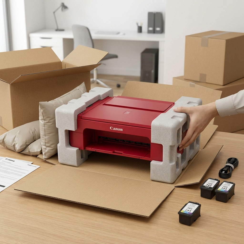 Unboxing a Canon PIXMA TS3320 Red printer from durable and protective packaging.