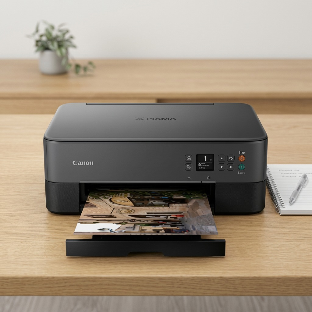 Canon PIXMA TS5320 Black scale reference next to a standard spiral notepad and pen.