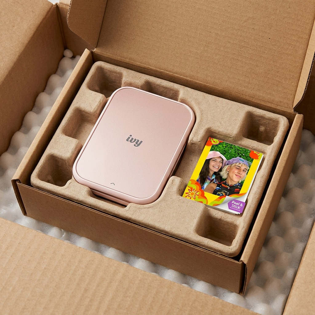 A Canon IVY 2 Mini Photo Printer in Blush Pink is unboxed with protective inserts.