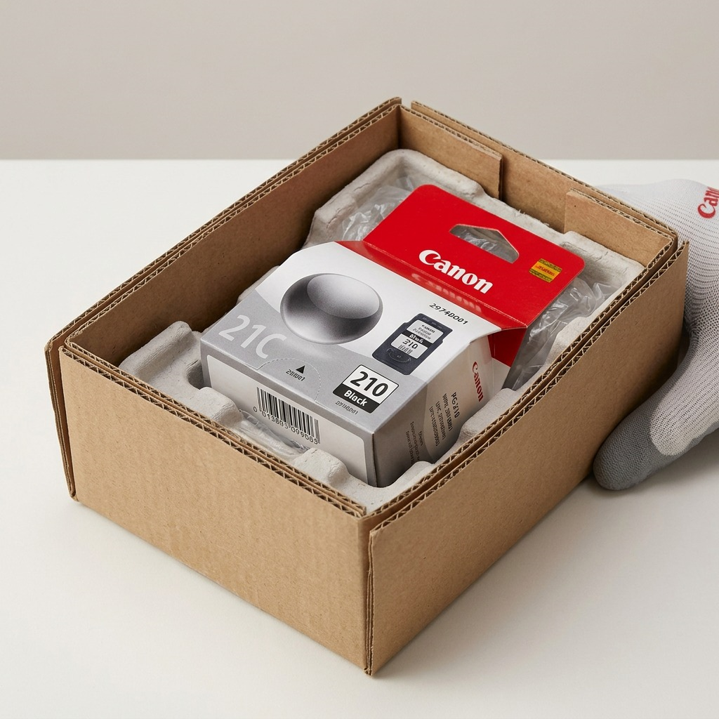 Unboxing a Canon PG-210 ink cartridge, protected by neutral brown paper and bubble wrap.