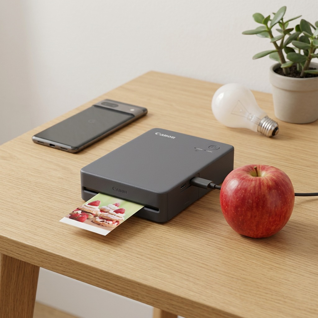 The Canon SELPHY QX20 in dark gray is shown next to an apple on a clean wooden desk, providing an accurate sense of its small scale.