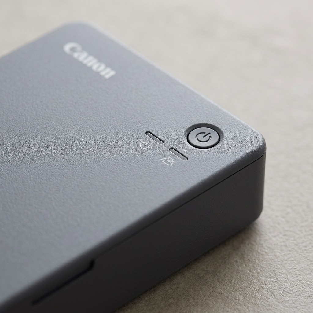 Macro view of the Canon SELPHY QX20's textured gray finish, power button, and indicator icons.
