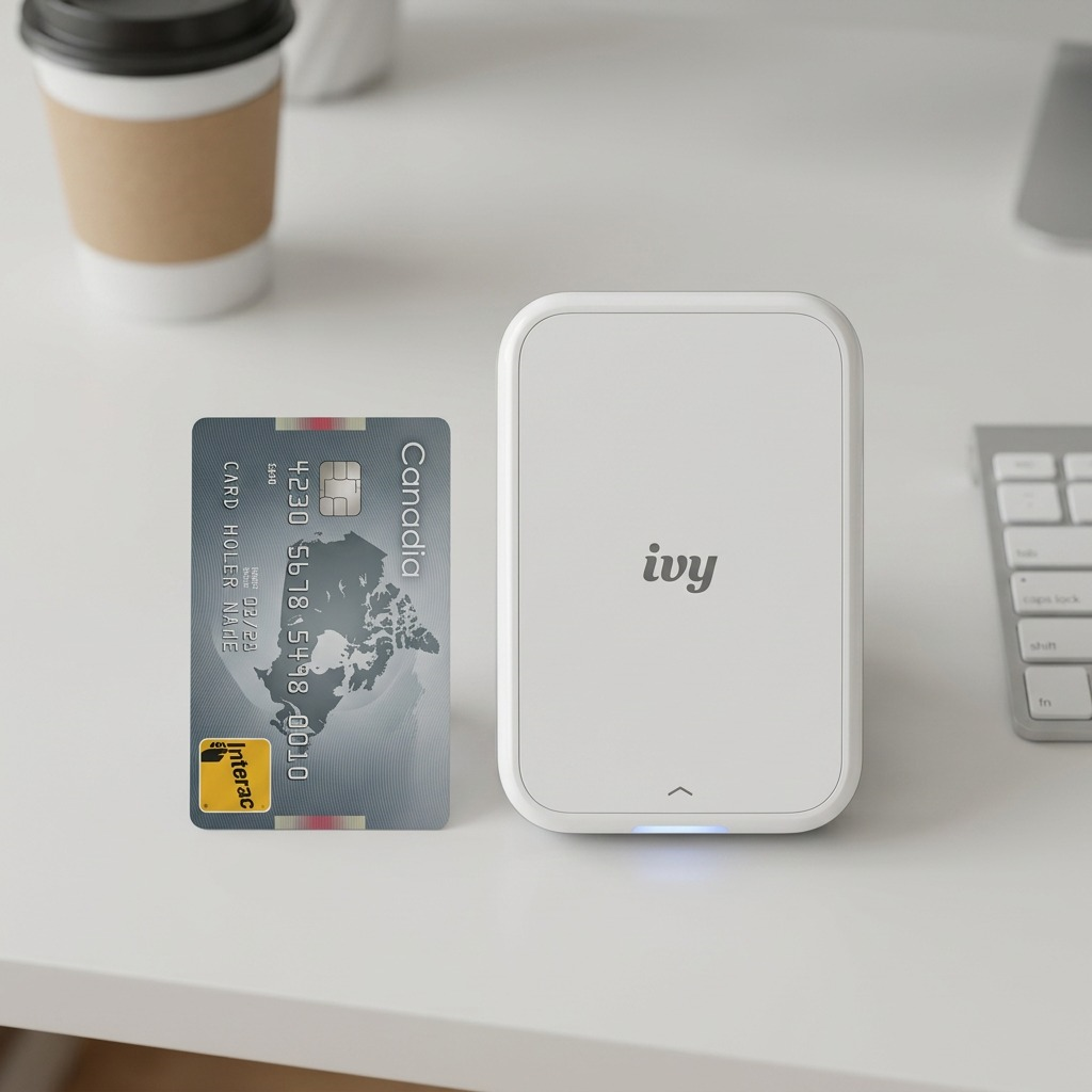 Canon IVY 2 printer next to a Canadian Interac debit card, showing its true size.