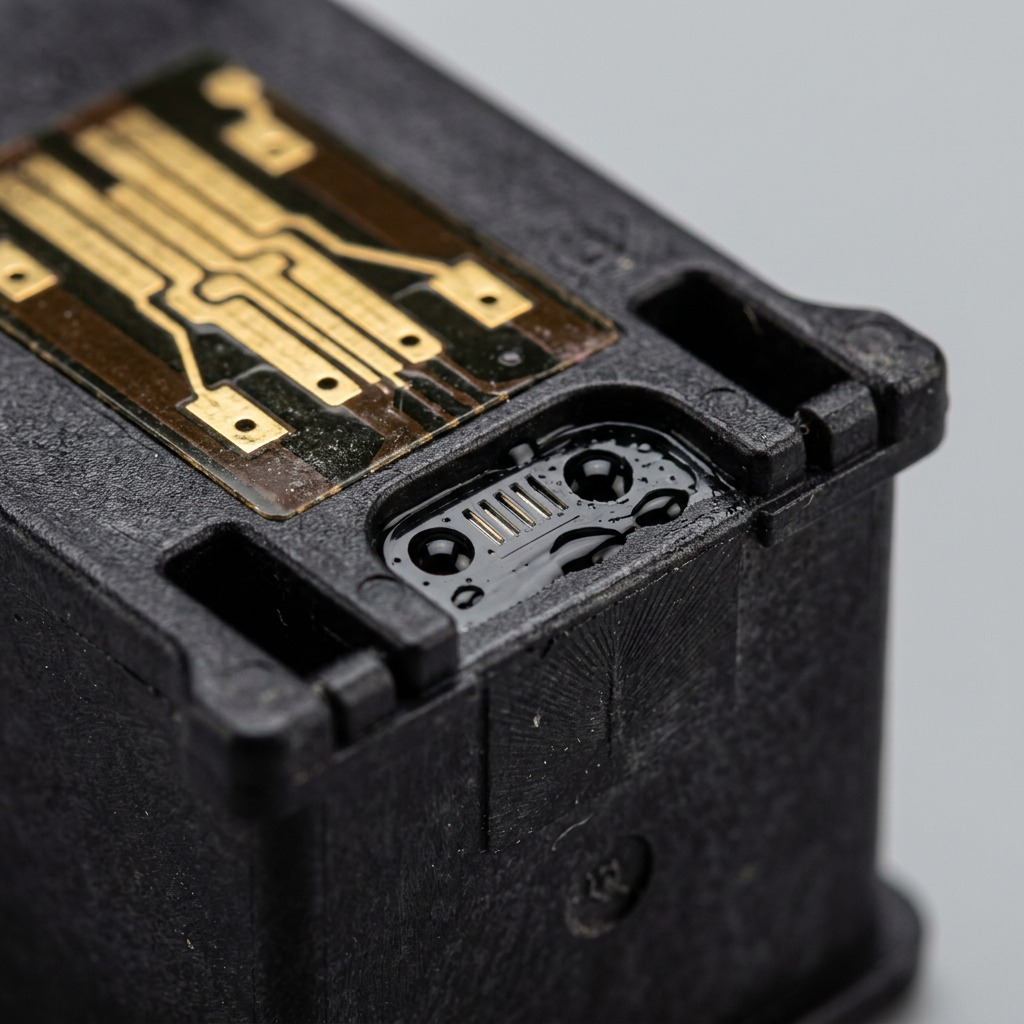 Detailed macro photograph focusing on the nozzle plate, fine nozzles, and electrical contact interface of the cartridge.