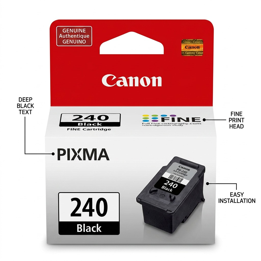 PDP graphic for Canon PG-240 black ink cartridge, featuring short callouts for printing performance.