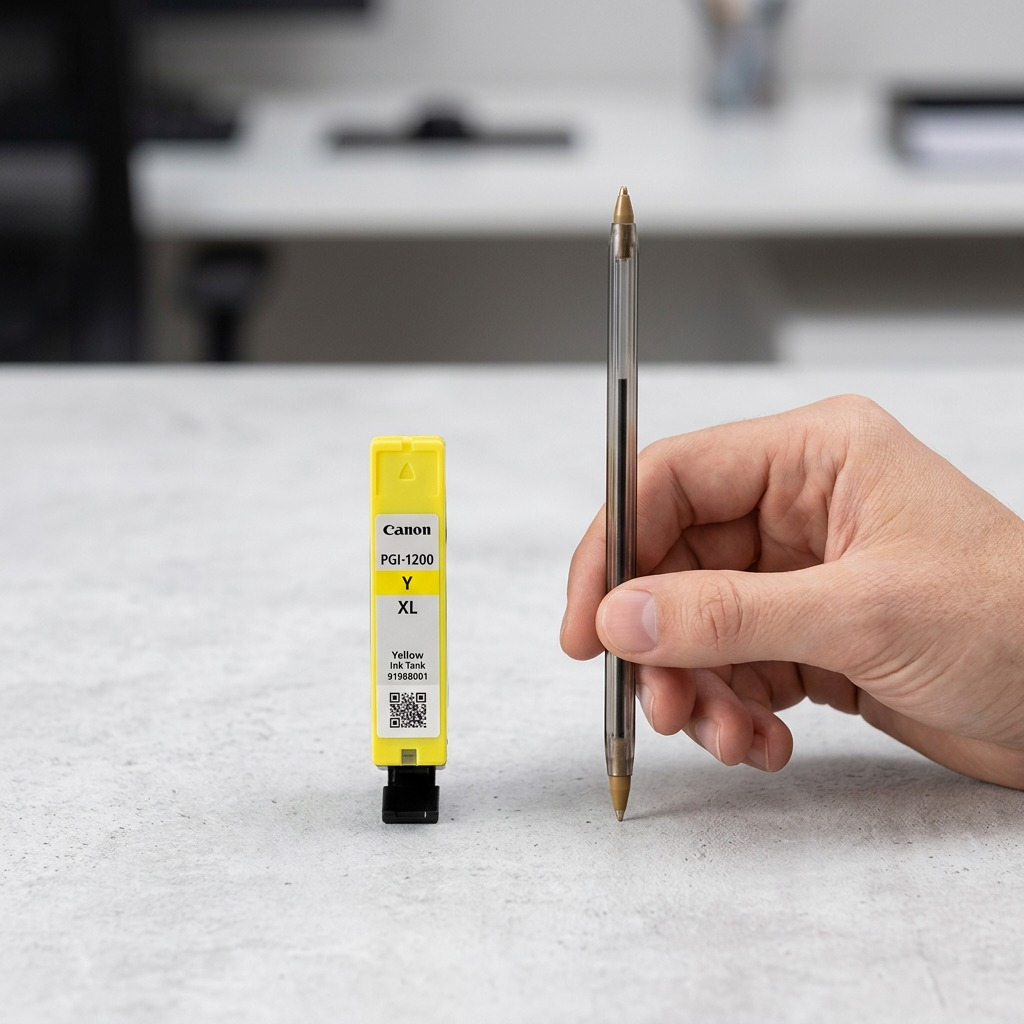 Canon PGI-1200XL Yellow Ink Tank and pen on desk.
