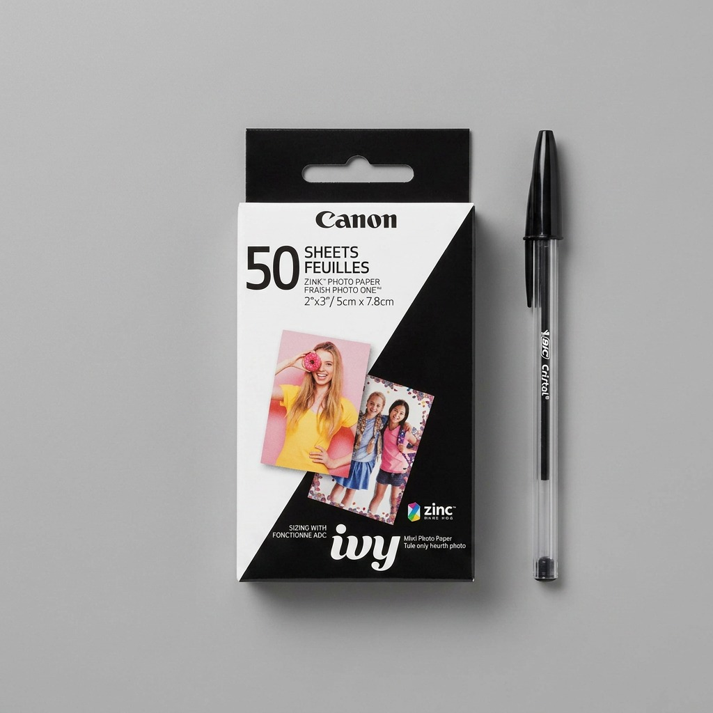 A three-quarter view of the Canon ZINK photo paper pack, 50 sheets, is shown next to a common disposable pen, providing a quick size reference on a white background.