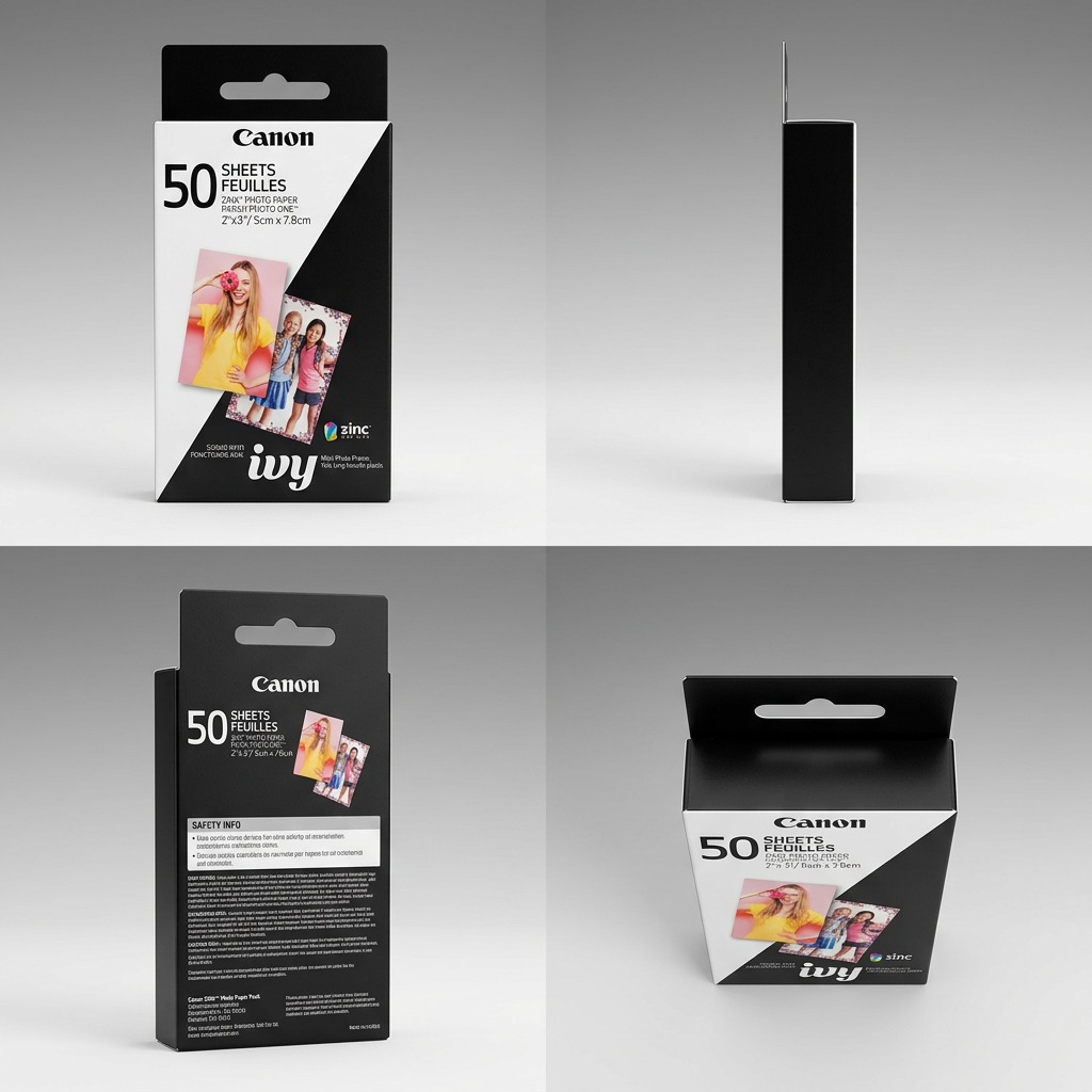 A PDP matrix showcasing the Canon ZINK photo paper pack from four angles, including front, side, back, and top-down views.