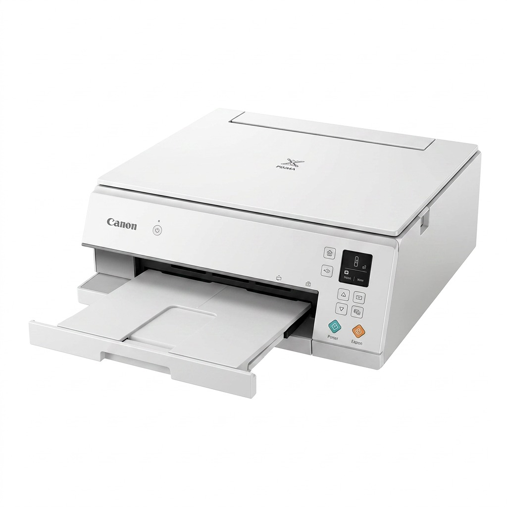 Pure high-resolution hero shot of Canada TR4720 White printer from a 45-degree angle.