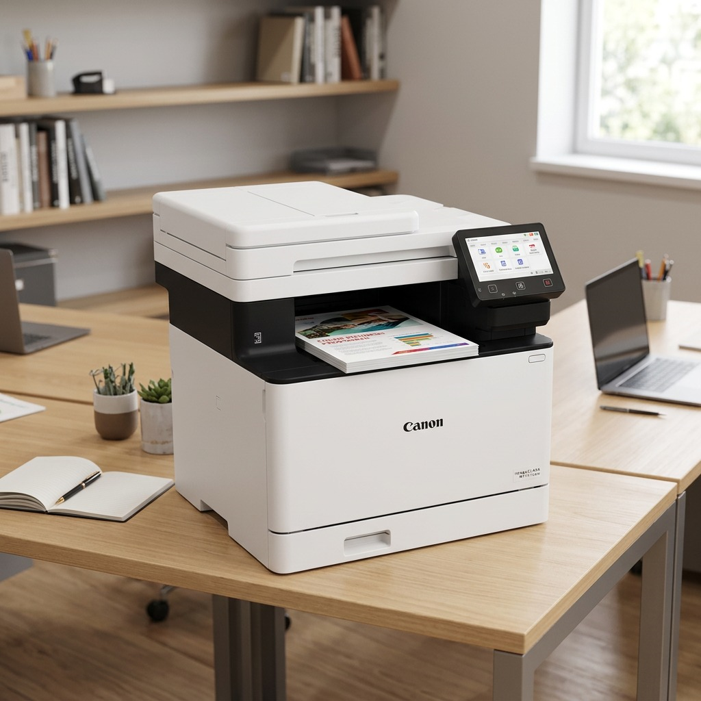 A lifestyle image featuring the accurately depicted Canon Color imageCLASS MF751Cdw II printer in a home office setting.