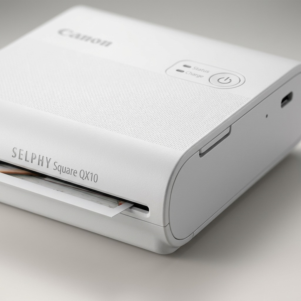 A macro photo of the white Canon SELPHY Square QX10 printer detailing its textured top and logo.