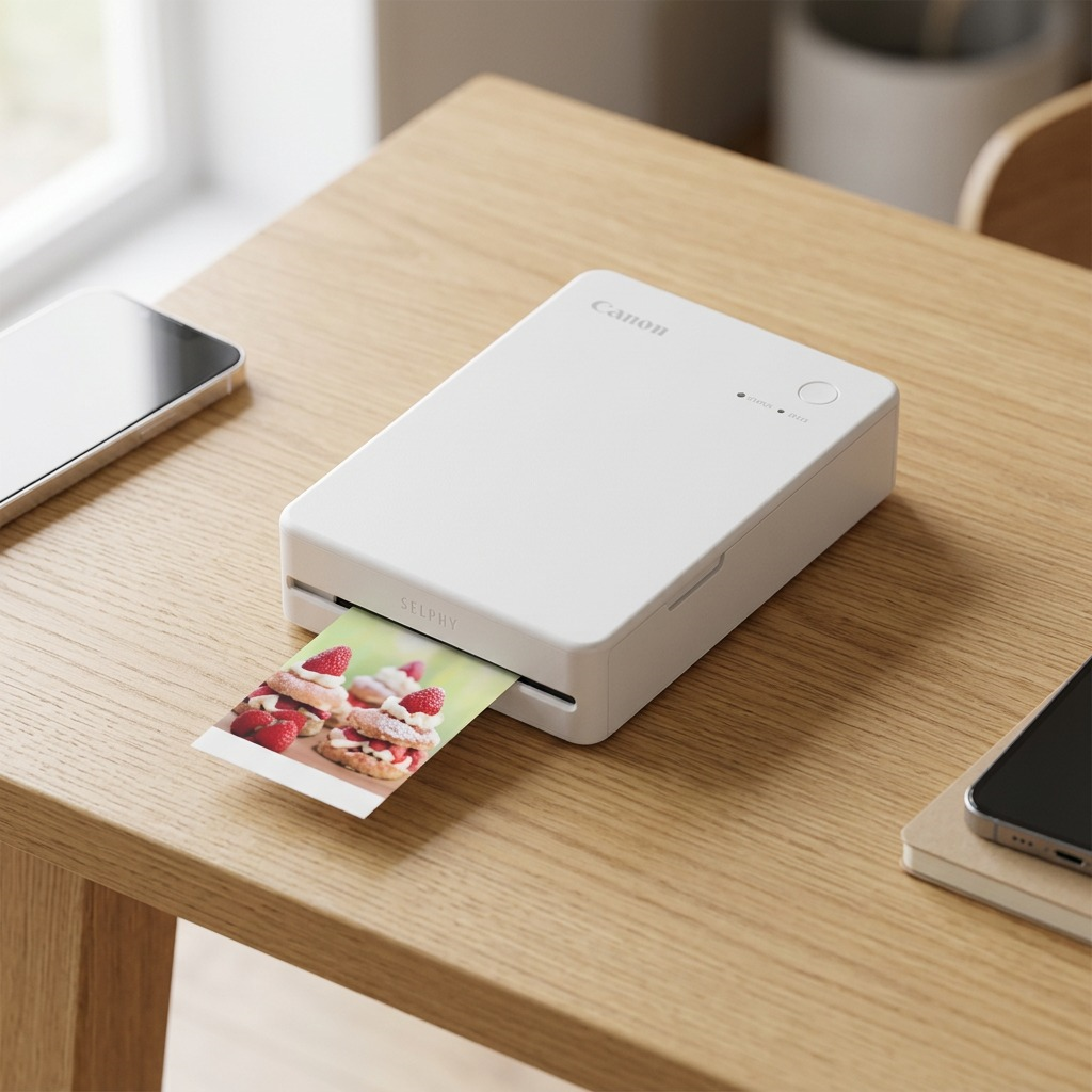 An eye-level product photograph shows the white Canon SELPHY Square QX10 printer on a light wooden desk, with a printed square photo of pastries resting next to it.
