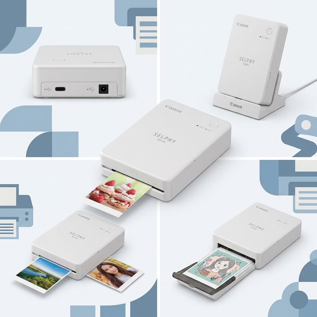 A PDP visual matrix demonstrating four different views and configurations of the white Canon SELPHY QX20 compact photo printer model.