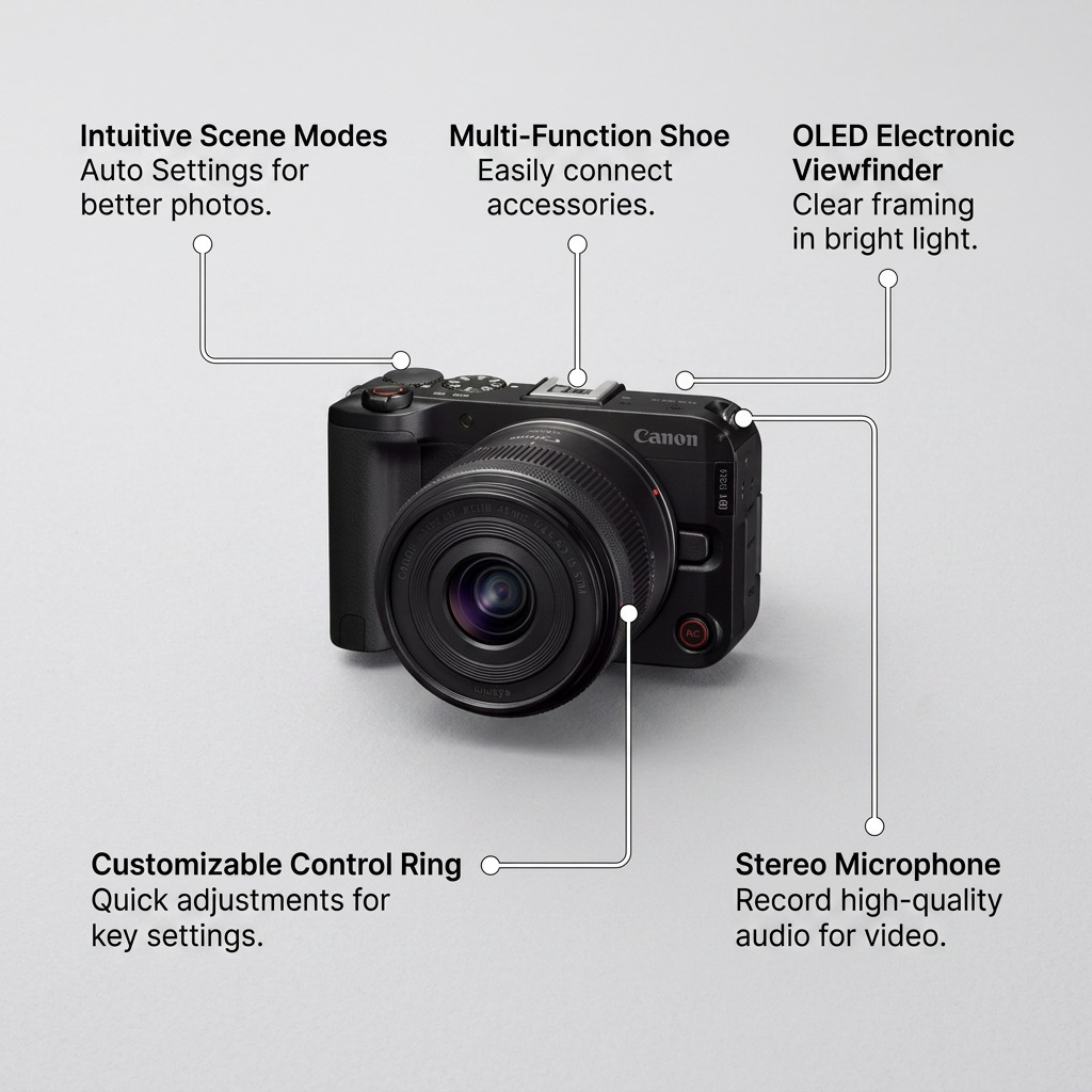A product graphic highlighting five operational features of the Canon EOS R50 V camera.