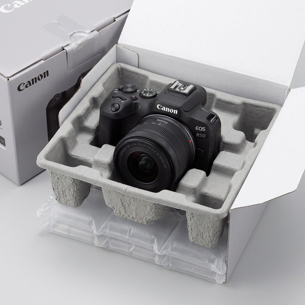 An unboxing scene shows the Canon EOS R50 camera and RF-S18-45mm lens resting securely within protective cushioning.