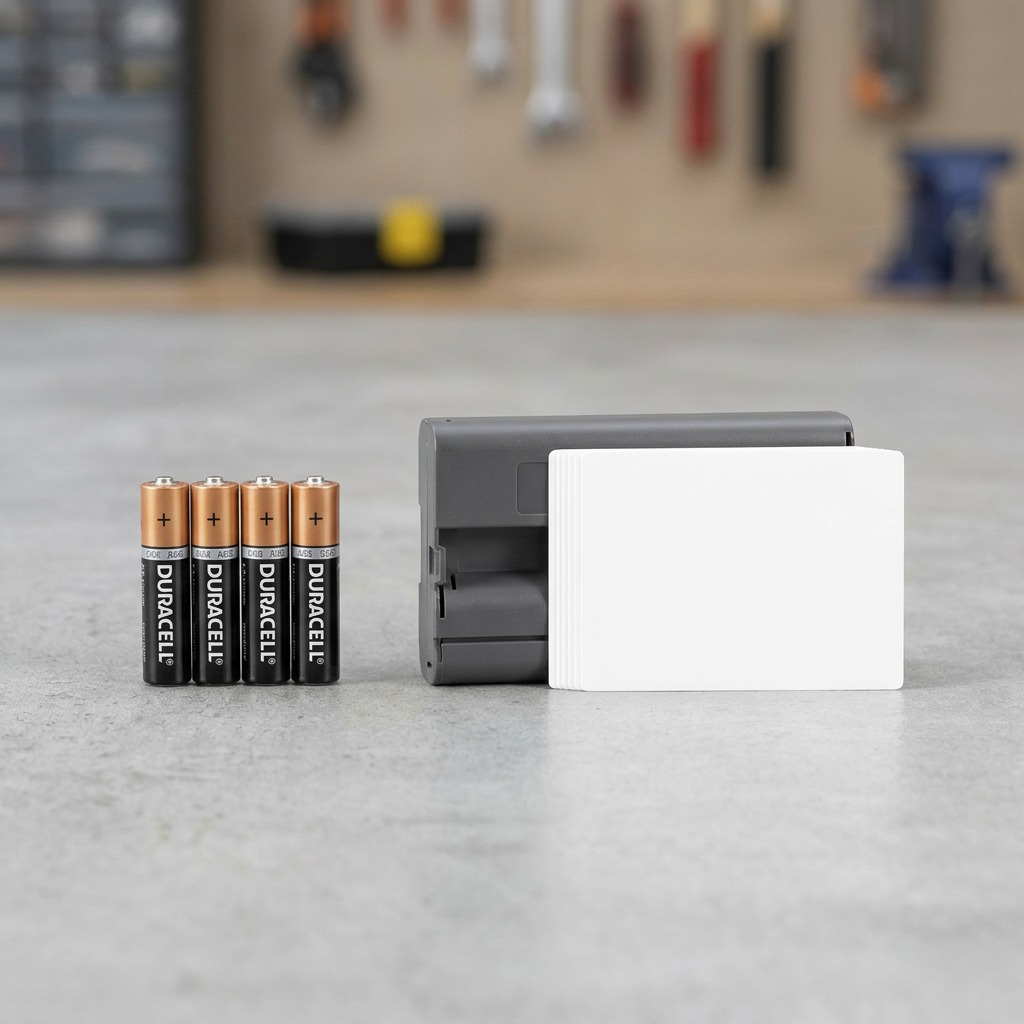 A size comparison photo of the ink cassette and stack of paper from image_0.png, resting next to a standard AA battery.