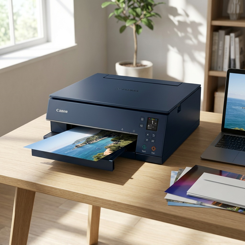 A Navy Canon PIXMA TS6320 wireless all-in-one printer in a home office, displaying a freshly printed photo.