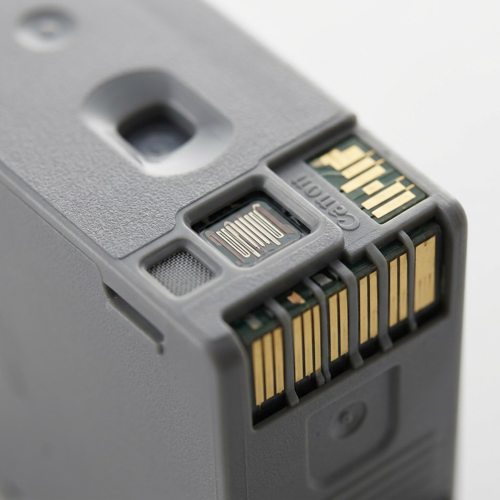 Macro photograph focusing sharply on the precision electrical contacts and ink-release nozzle of a Canon PGI-9 Gray ink tank.