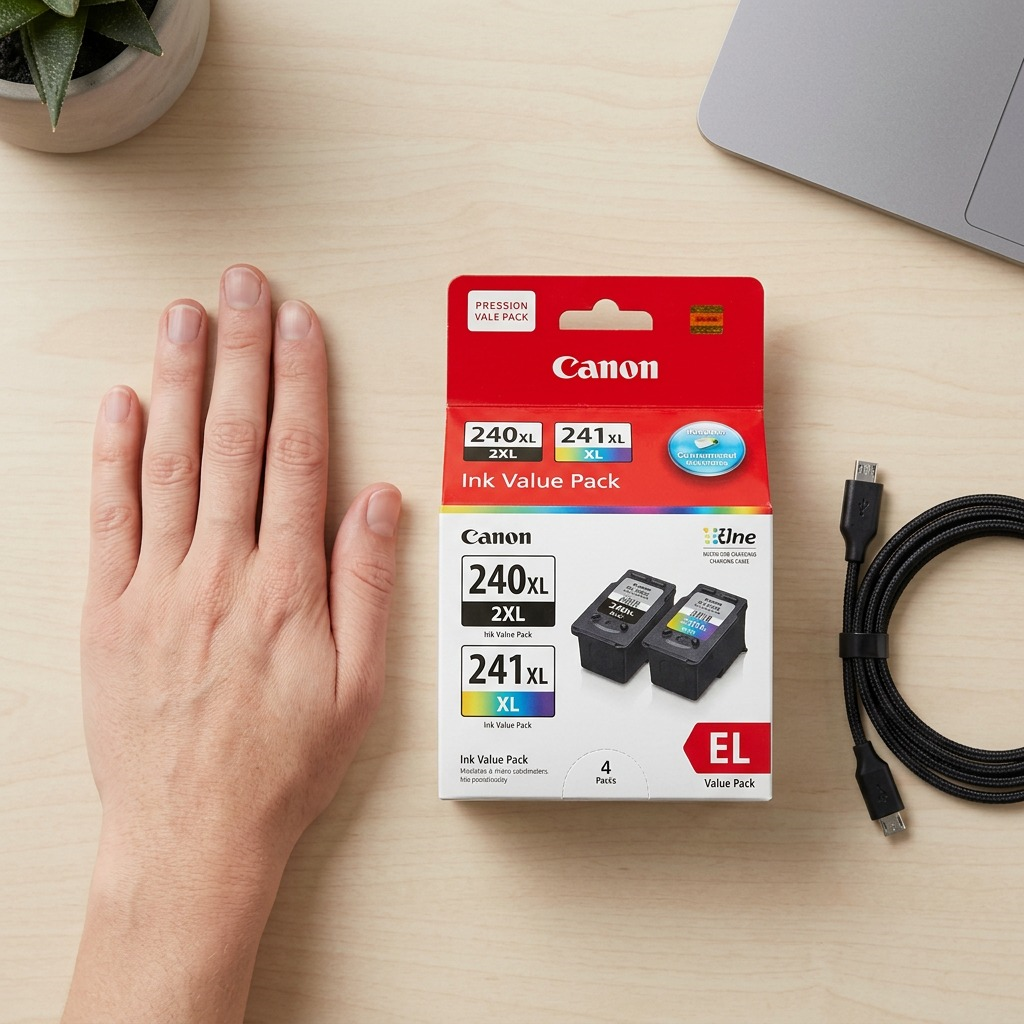 A close-up photograph of the Canon 5206B020 ink value pack box placed on a wooden desk next to a standard human hand, illustrating its physical scale. The shot includes a coiled micro-USB cable as an additional size reference.