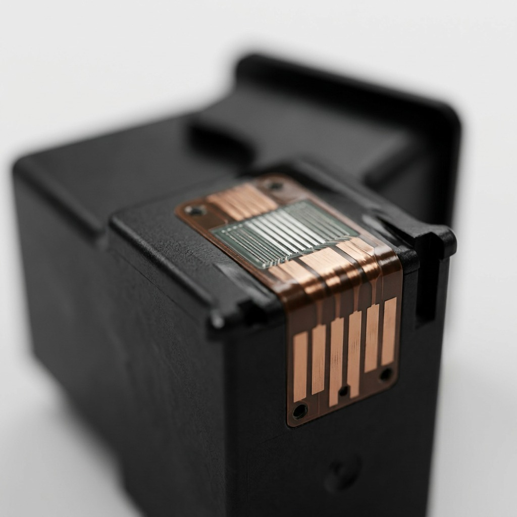 Detail shot of gold-plated contacts on PG-240XL ink cartridge.
