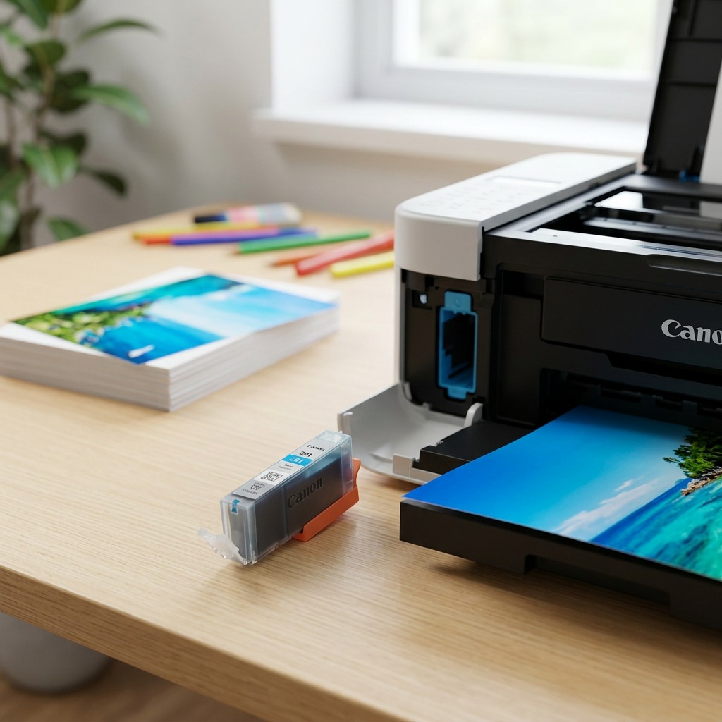 Canon CLI-281 Cyan ink tank and a vibrant photo print by a modern white printer.