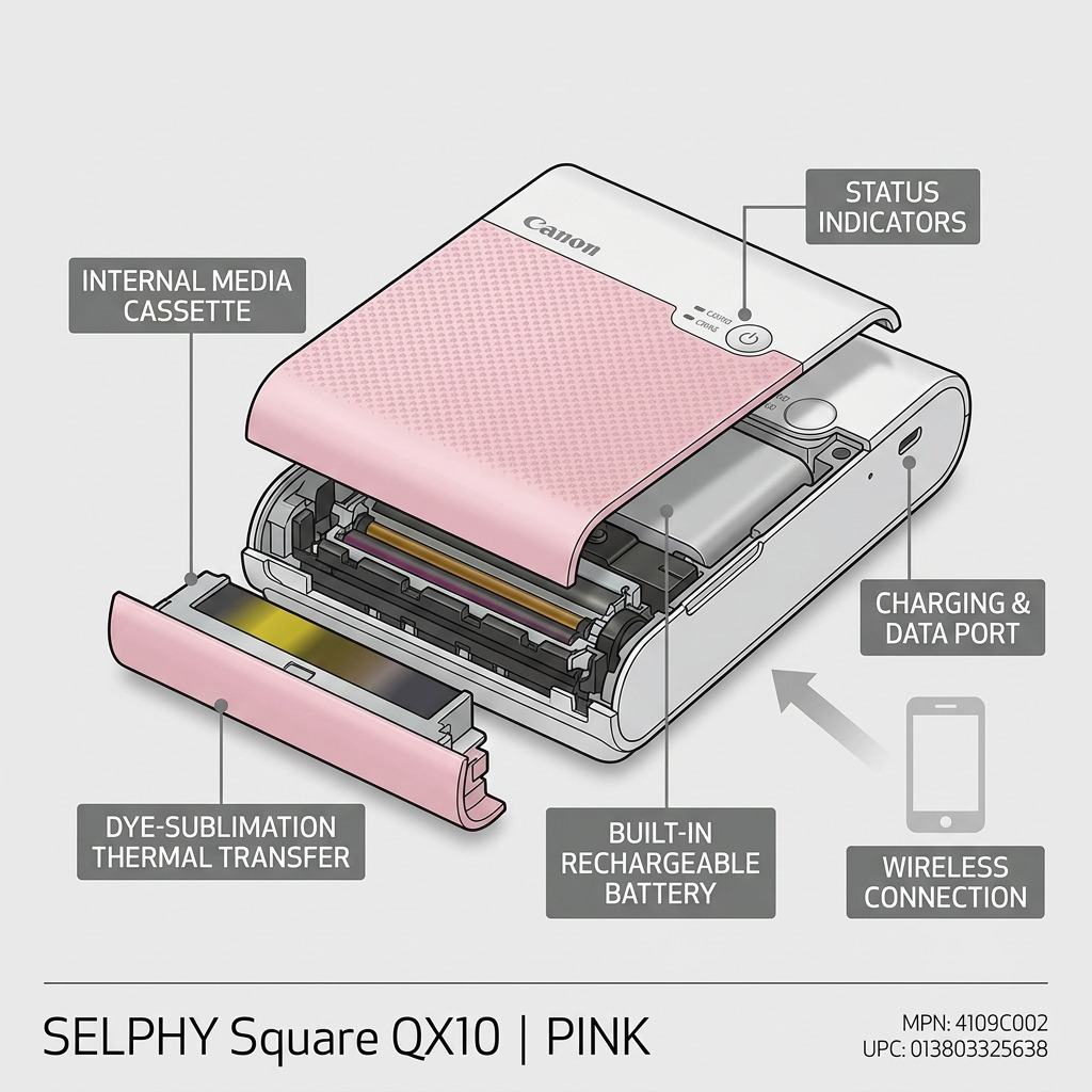 A diagram of the Canon SELPHY Square QX10. Highlighting internal components like battery and dye sublimation with feature callouts.