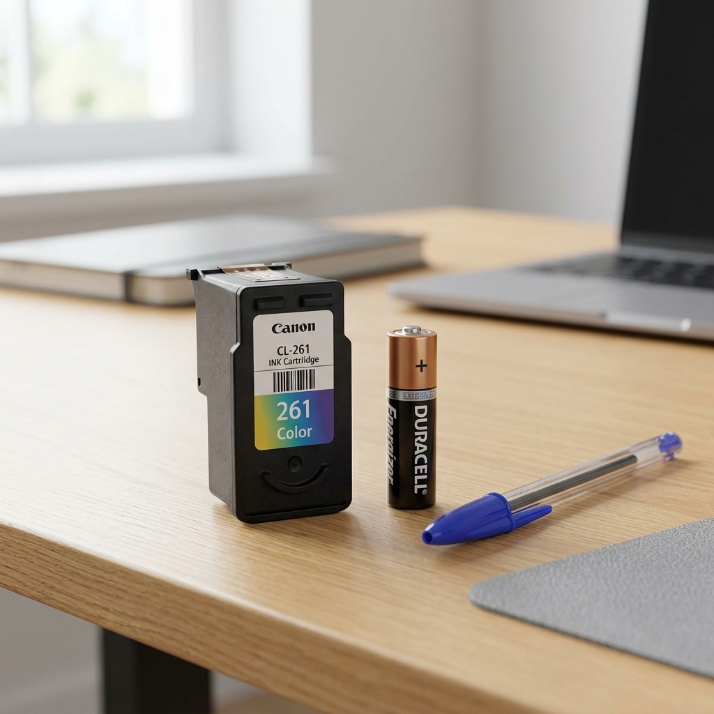 The actual Canon CL-261 color ink cartridge stands upright on a desk, next to a standard AA battery and a pen for scale. The cartridge is detailed with its labels and gold-plated FINE printhead points visible. Correct size comparison.