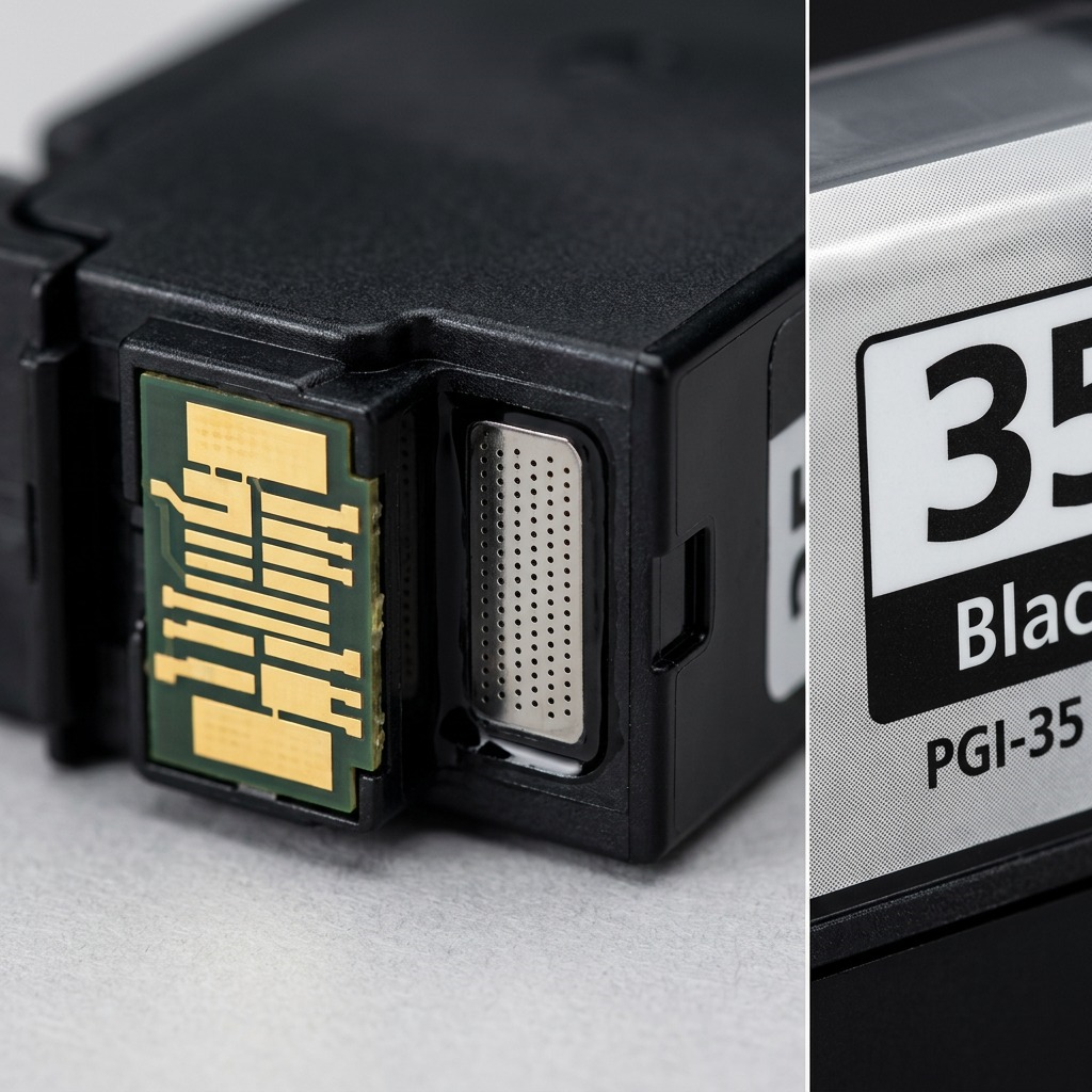 A macro photograph focusing sharply on the metallic electrical contacts and ink nozzle interface of the PGI-35 black ink tank.