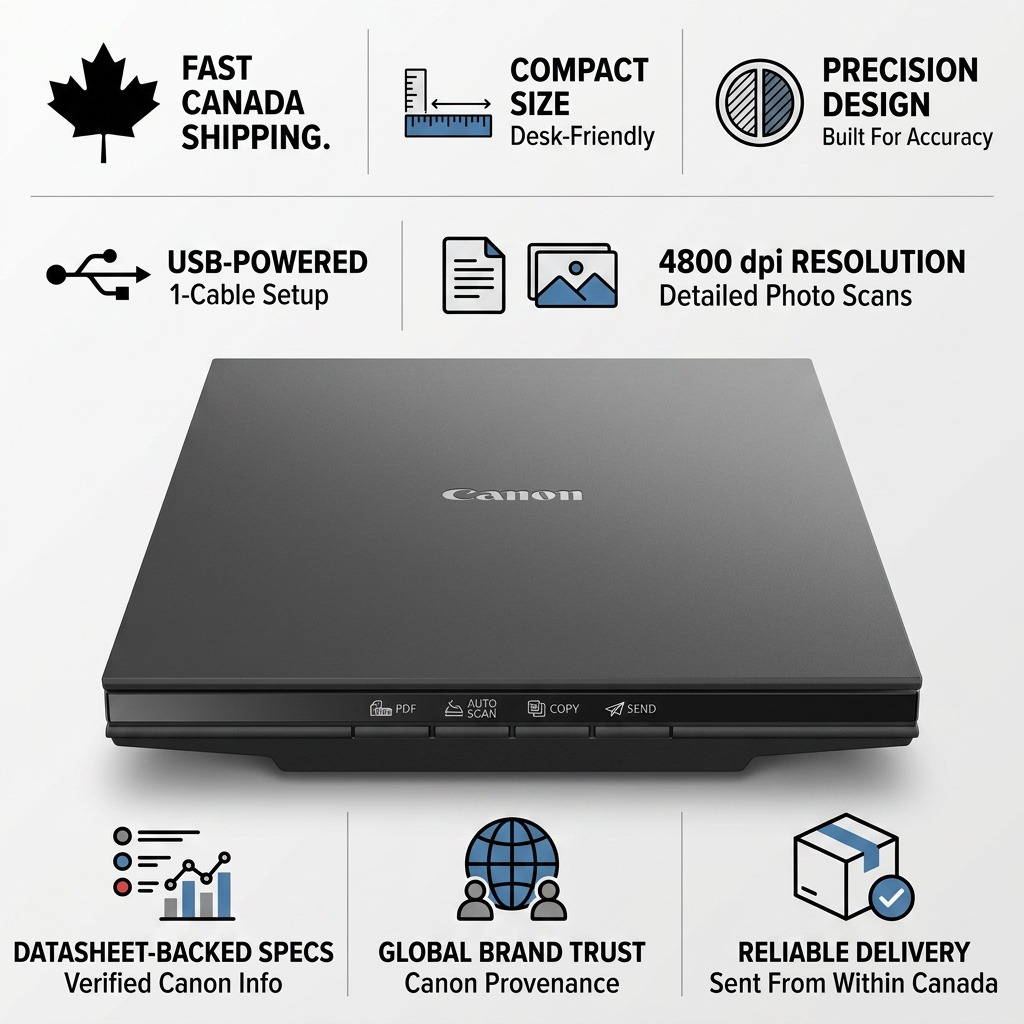 Trust and authority infographic layout showcasing Canon CanoScan LiDE 300 scanner features and Canada shipping.