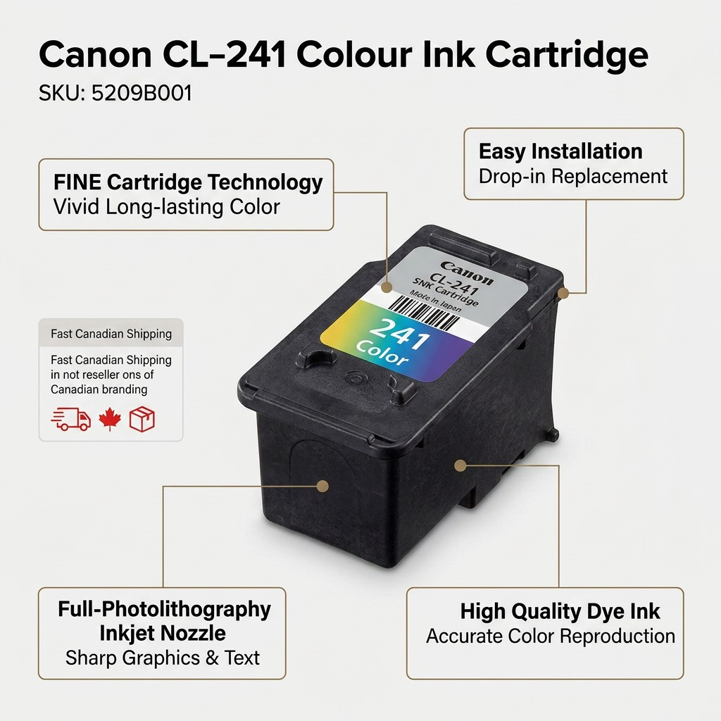 Feature image highlighting the Canon CL-241 ink's high print quality, durability, and easy installation.