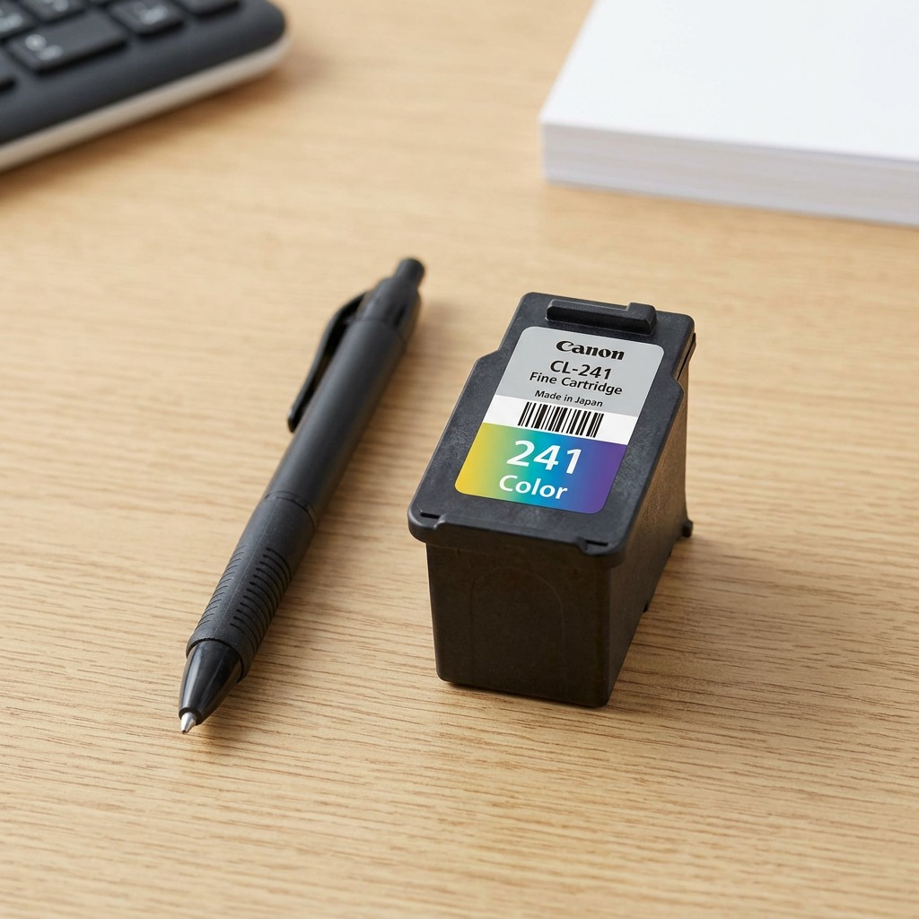 A Canon CL-241 ink cartridge next to a credit card on a neutral desk surface for scale.