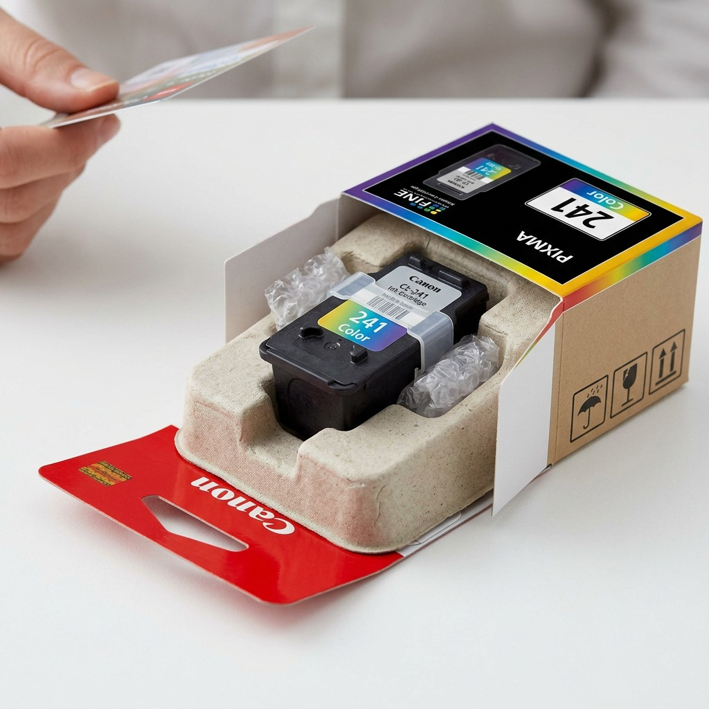 A overhead photo of an unboxed Canon CL-241 ink cartridge in a protective foam insert on a table.