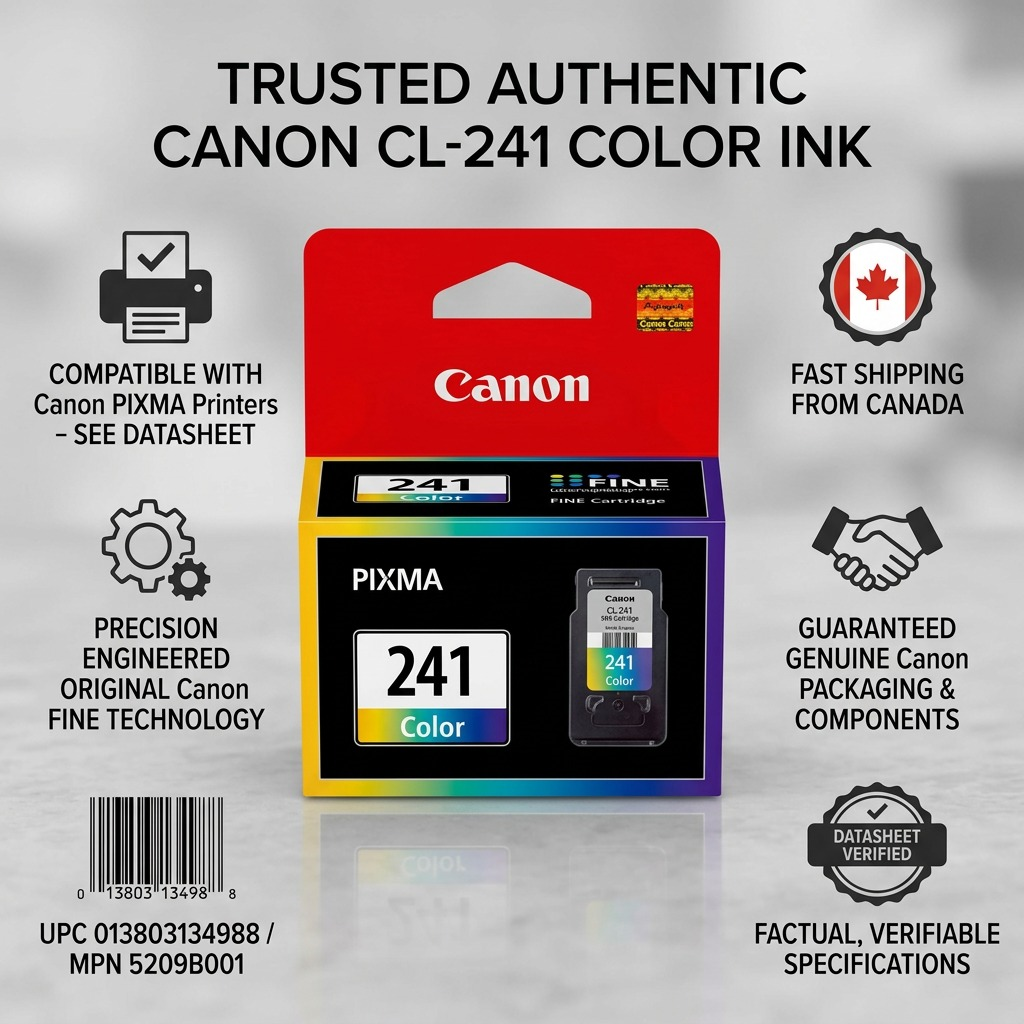 Matrix showing trust features for Canon CL-241 Color Ink include compatibility, quality, and fast shipping with icons.