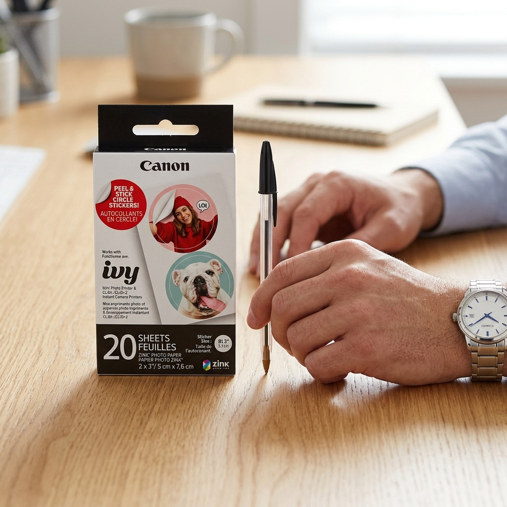 The image shows the Canon ZINK Pre Cut Circle Sticker Pack, identifying its size. It is placed next to a realistic human hand, with a finger touching a single circular sticker that has been peeled from a sheet. A ruler is also in the frame. The focus is to show that the stickers are about 1.3" (and 2x3" paper). The image contains on-image text indicating the sticker size.