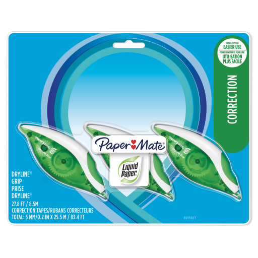 Paper Mate Liquid Paper DryLine Grip Correction Tapes, 3 Count