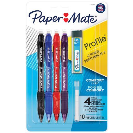 Paper Mate Profile Mech Mechanical Pencil Set, 0.7 mm #2 Pencil Lead, Includes Lead and Eraser Refills, Assorted Barrel Colours, 4 Count