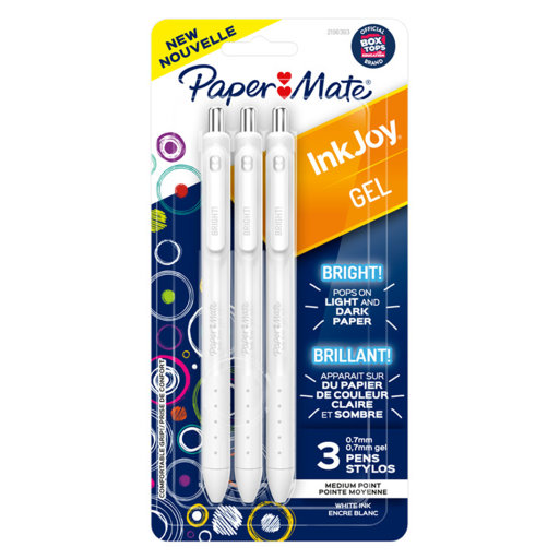 Paper Mate InkJoy Bright Pens, Gel Pens, Medium Point (0.7mm), Retractable, Bright White Ink, 3 Count