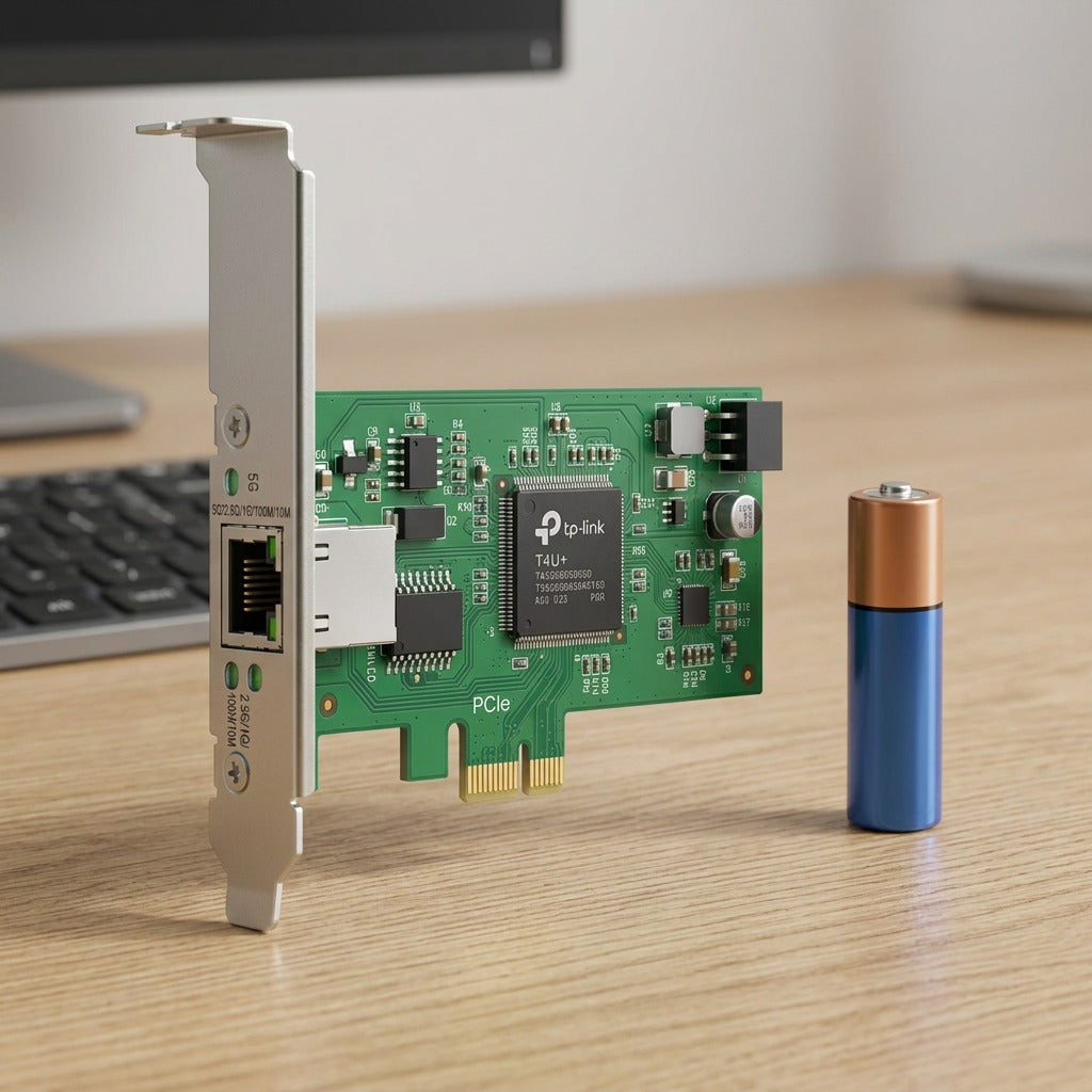 TP-Link TX301 10-Gigabit Network Adapter shown in comparison with a standard AA battery.