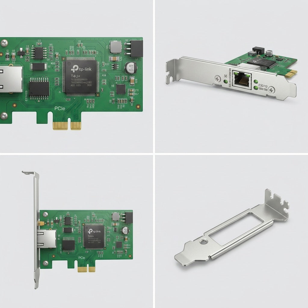 Quadrant view of the TP-Link TX301 5G PCIe adapter and low-profile bracket from four angles.