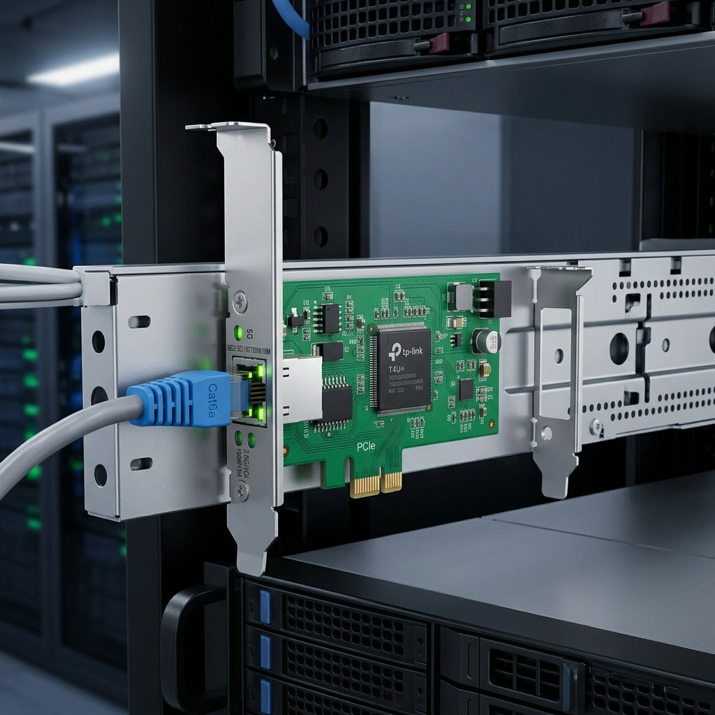 An actual photo of the TP-Link TX301 adapter installed in a server rack, with a Cat6a cable connected.