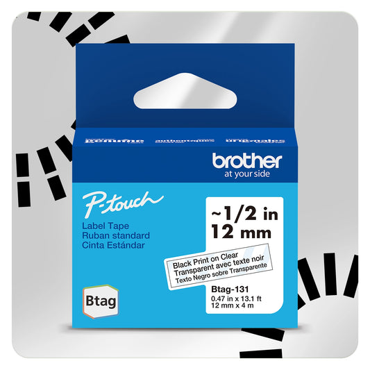 Brother Ptouch label tape packaging in blue and white, showing the Btag-131 black print on clear transparent tape, 12 mm width.