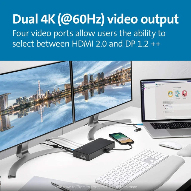 : Kensington SD4780P dock powering a dual 4K monitor workstation
