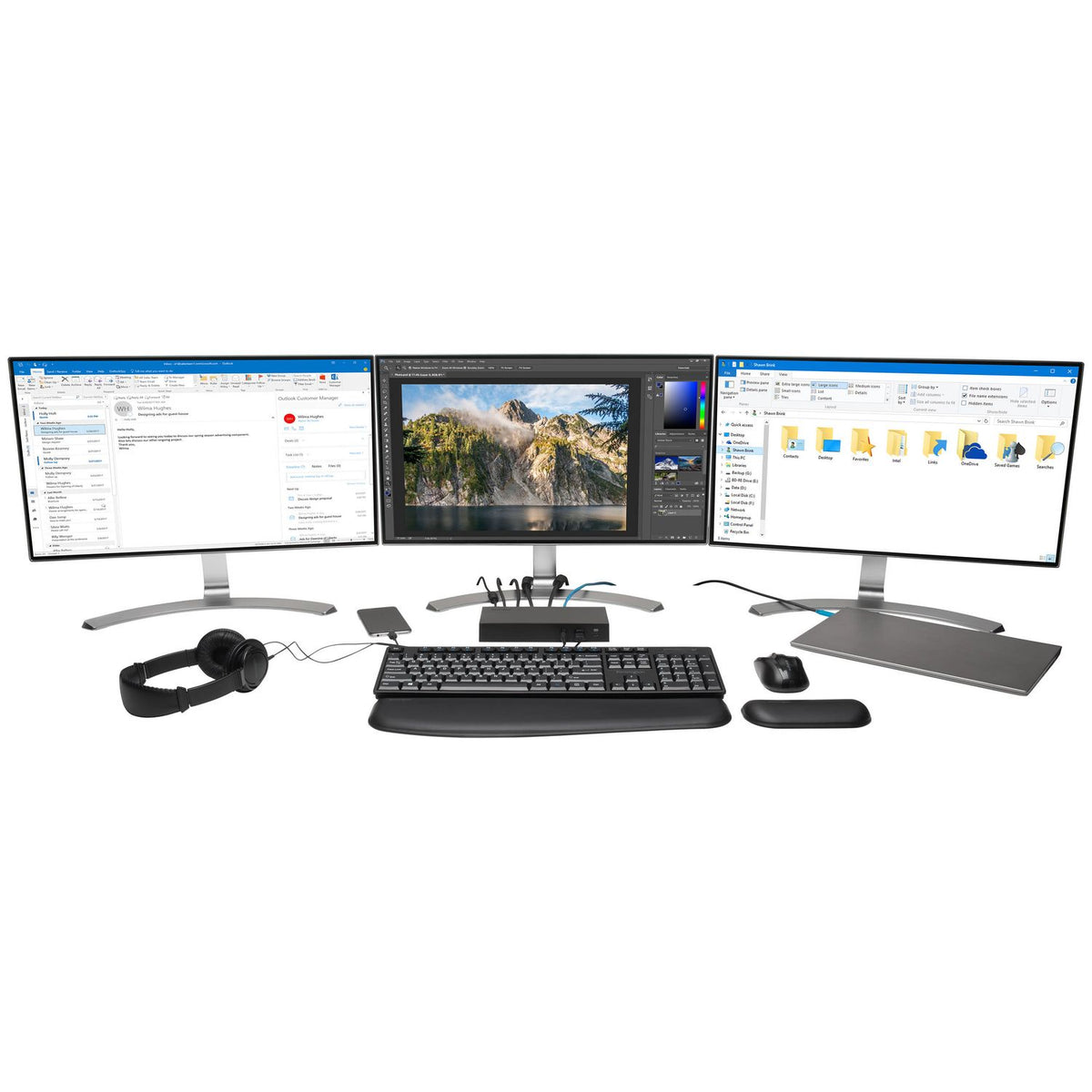 Kensington SD4800P USB-C dock in triple-monitor office workstation