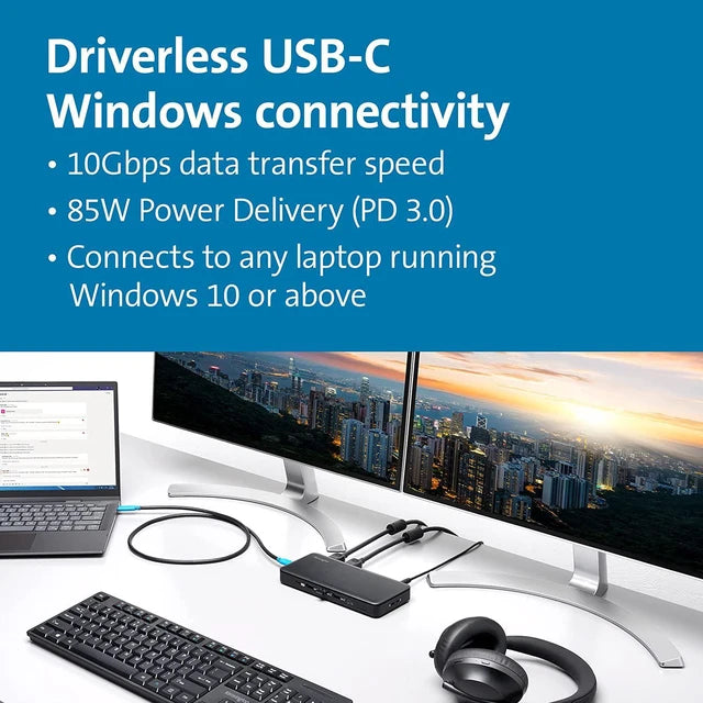 Kensington SD4839P driverless USB-C dock in dual-monitor workstation