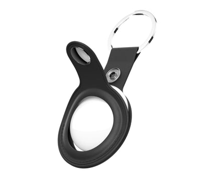 Shop KeyBudz AT2_S1_BLK black leather AirTag keyrings. 2-pack with genuine leather holders, metal rings and secure snap closures for Apple AirTag.